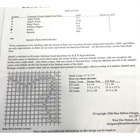 Blue Ribbon Designs Heart Of Gold Cross Stitch Pattern By Belinda Karls-Nace - Picture 3 of 3